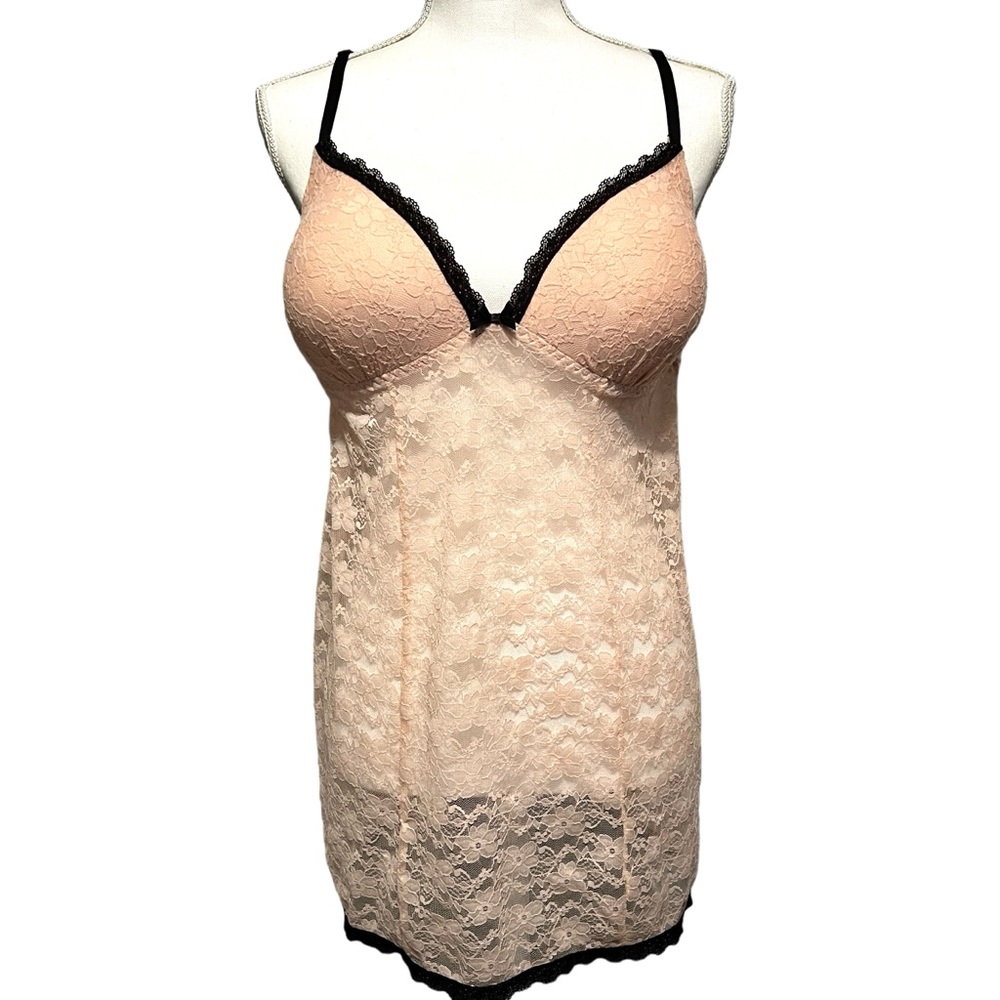 Ambrielle 2 Pc Pink Lace Black Trim Teddy Negligee With Thong Panties XX…